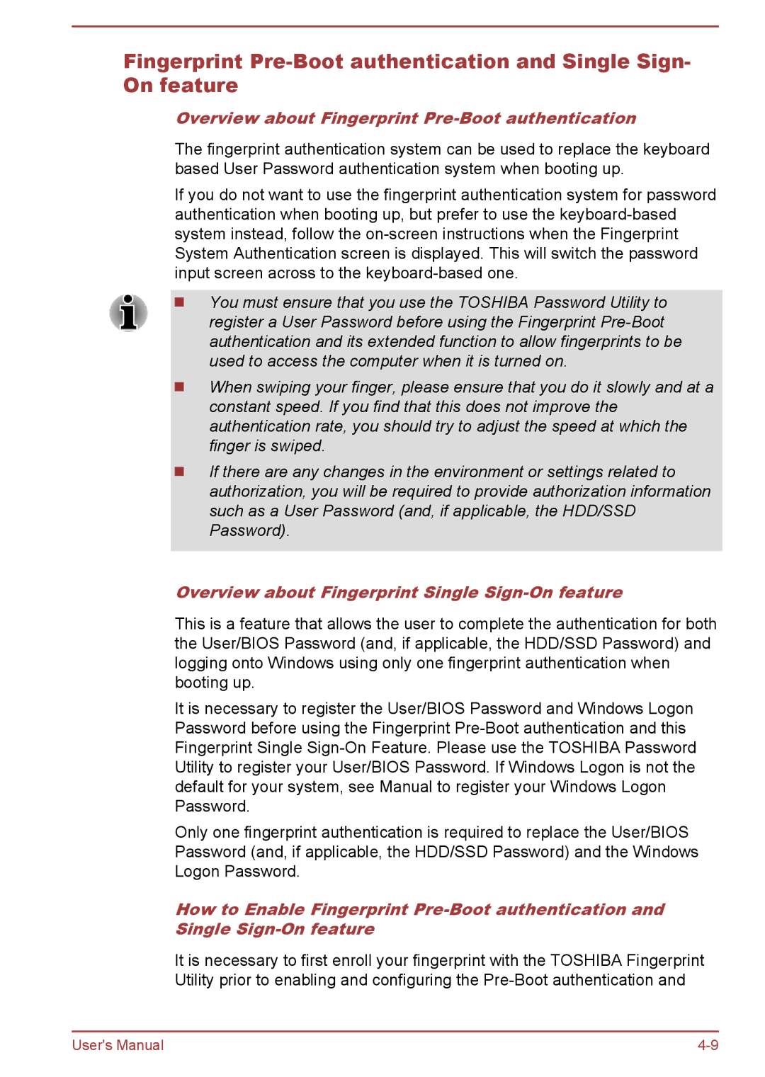 Toshiba P850/P855 Overview about Fingerprint Pre-Boot authentication, Overview about Fingerprint Single Sign-On feature 