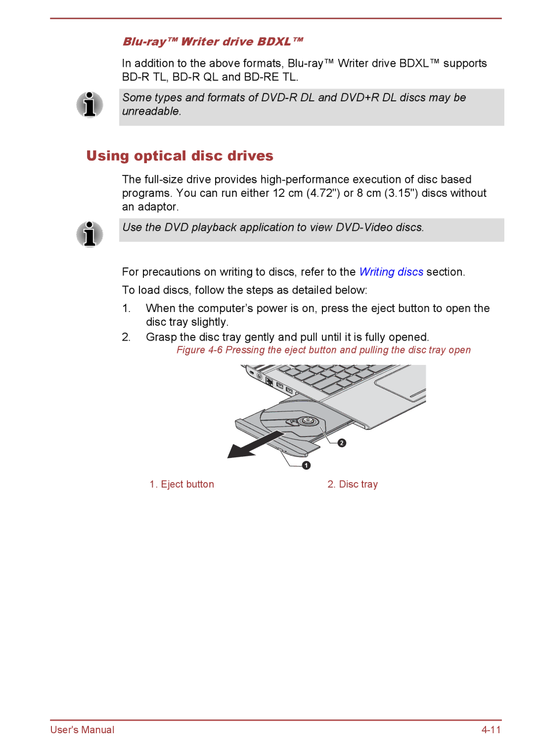 Toshiba P850/P855 user manual Using optical disc drives, Blu-ray Writer drive Bdxl 