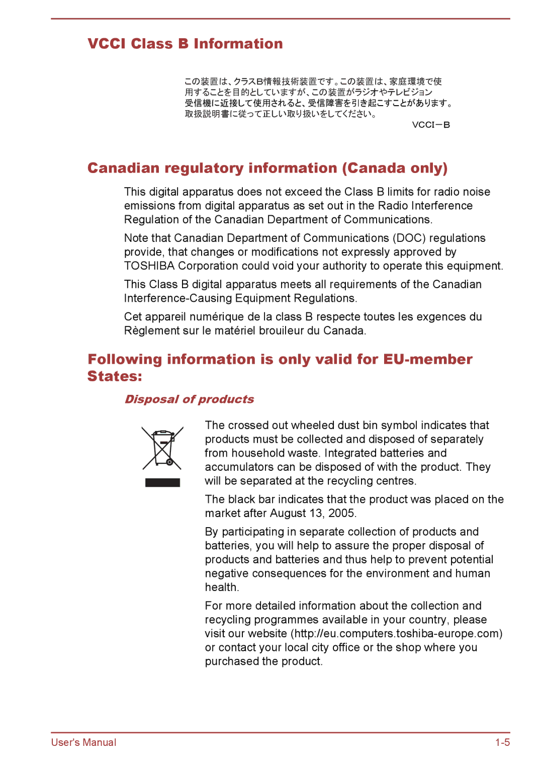 Toshiba P850/P855 user manual Vcci Class B Information, Canadian regulatory information Canada only, Disposal of products 