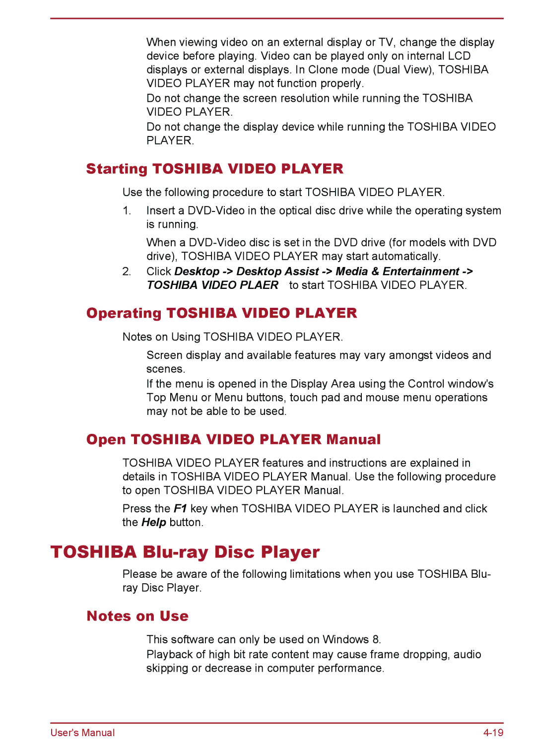 Toshiba P850/P855 user manual Toshiba Blu-ray Disc Player, Starting Toshiba Video Player, Operating Toshiba Video Player 