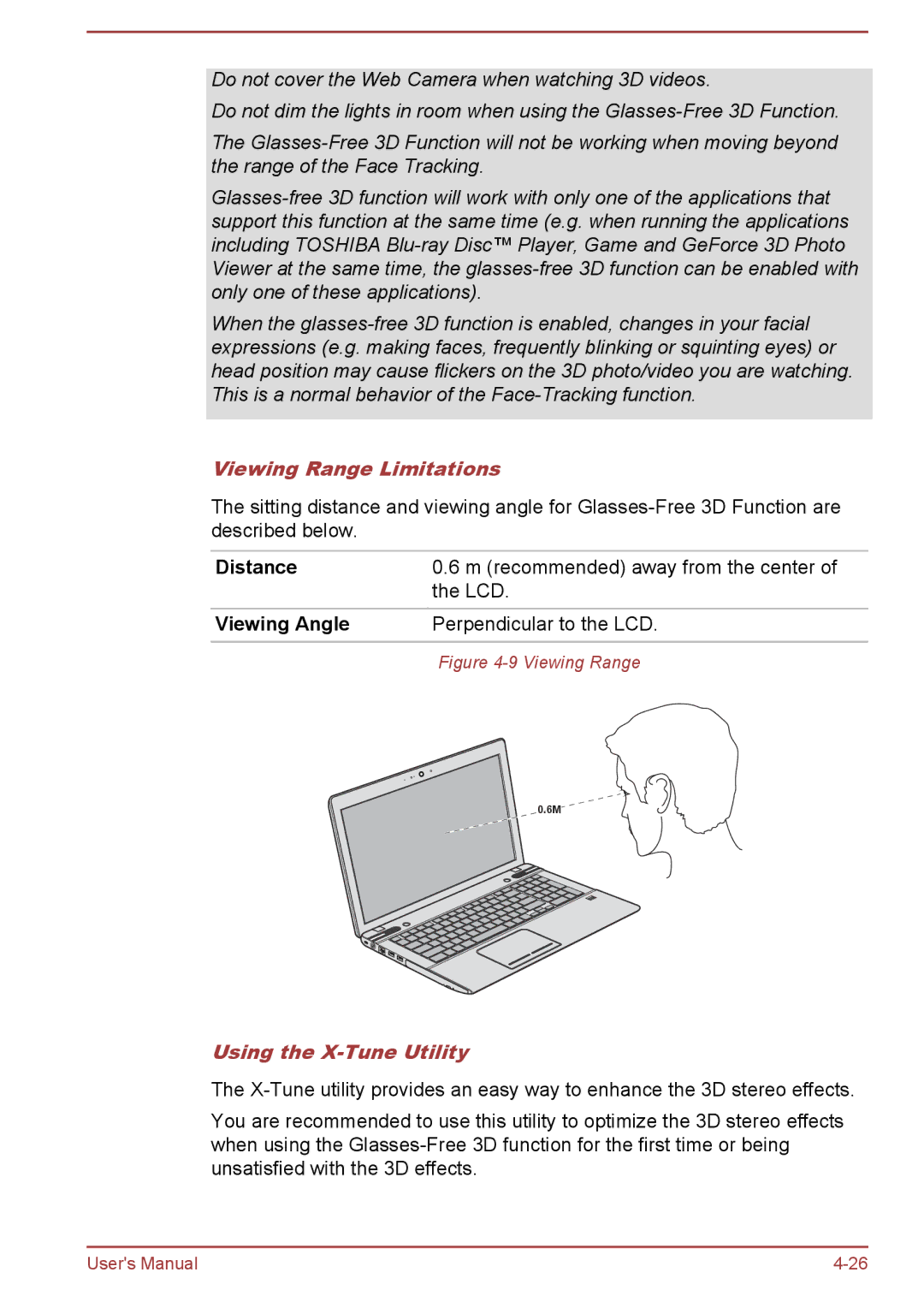 Toshiba P850/P855 user manual Viewing Range Limitations, Viewing Angle, Using the X-Tune Utility 