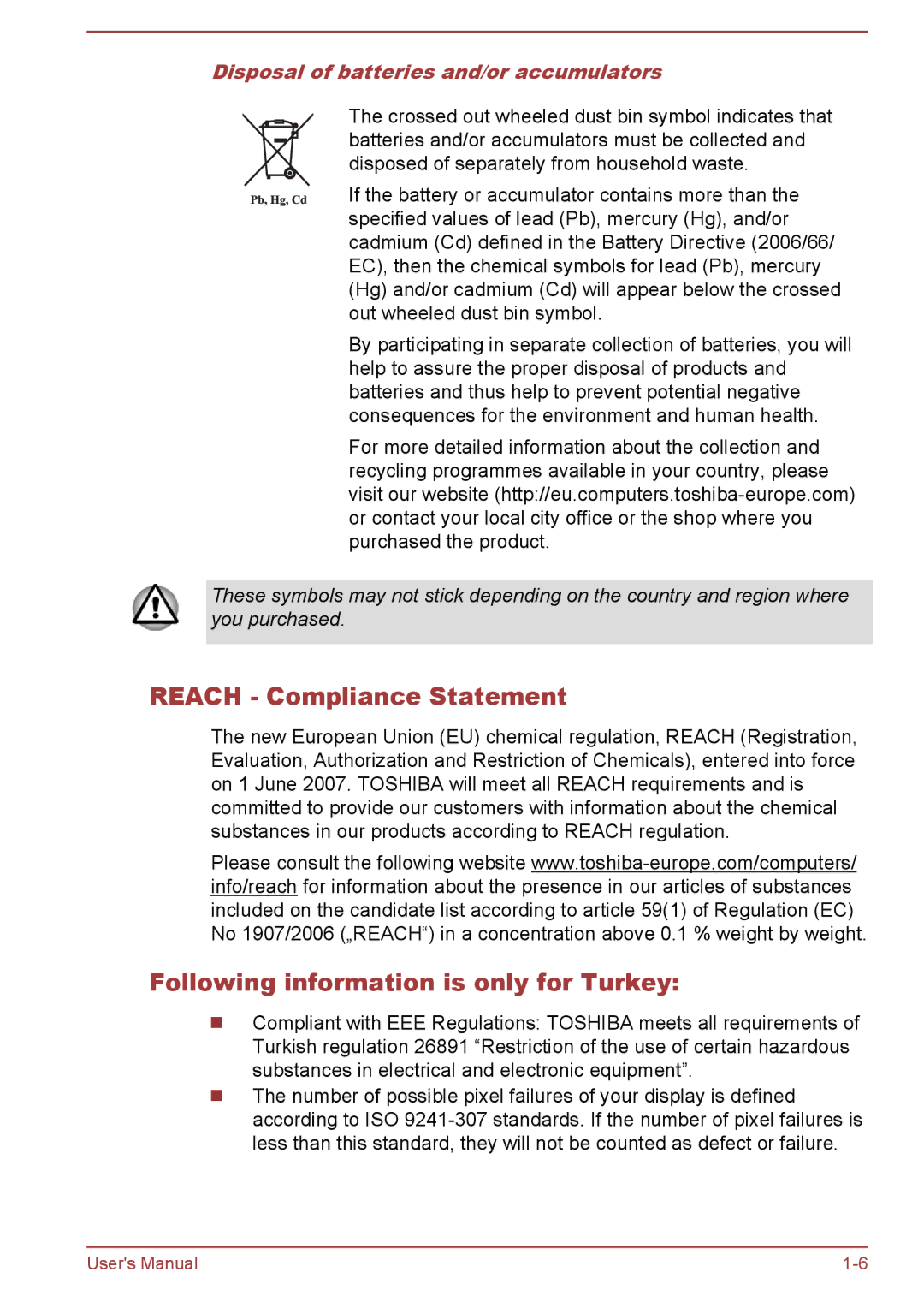 Toshiba P850/P855 user manual Reach Compliance Statement, Following information is only for Turkey 