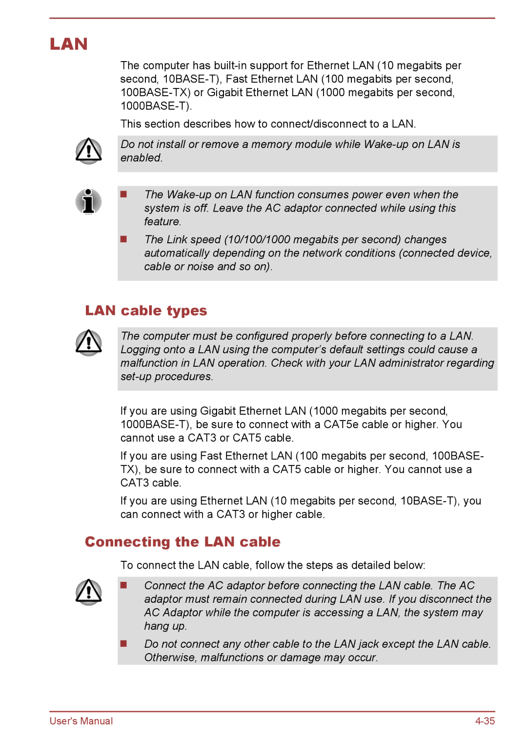 Toshiba P850/P855 user manual LAN cable types, Connecting the LAN cable 