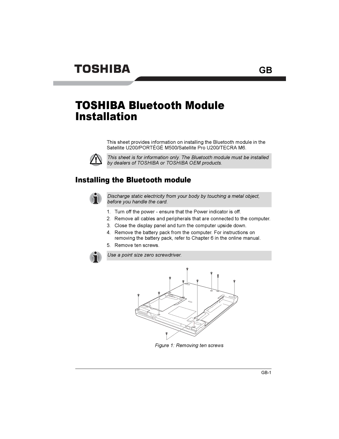 Toshiba U200/PORTG M500, PA3477U-1B manual Toshiba Bluetooth Module Installation, Installing the Bluetooth module 