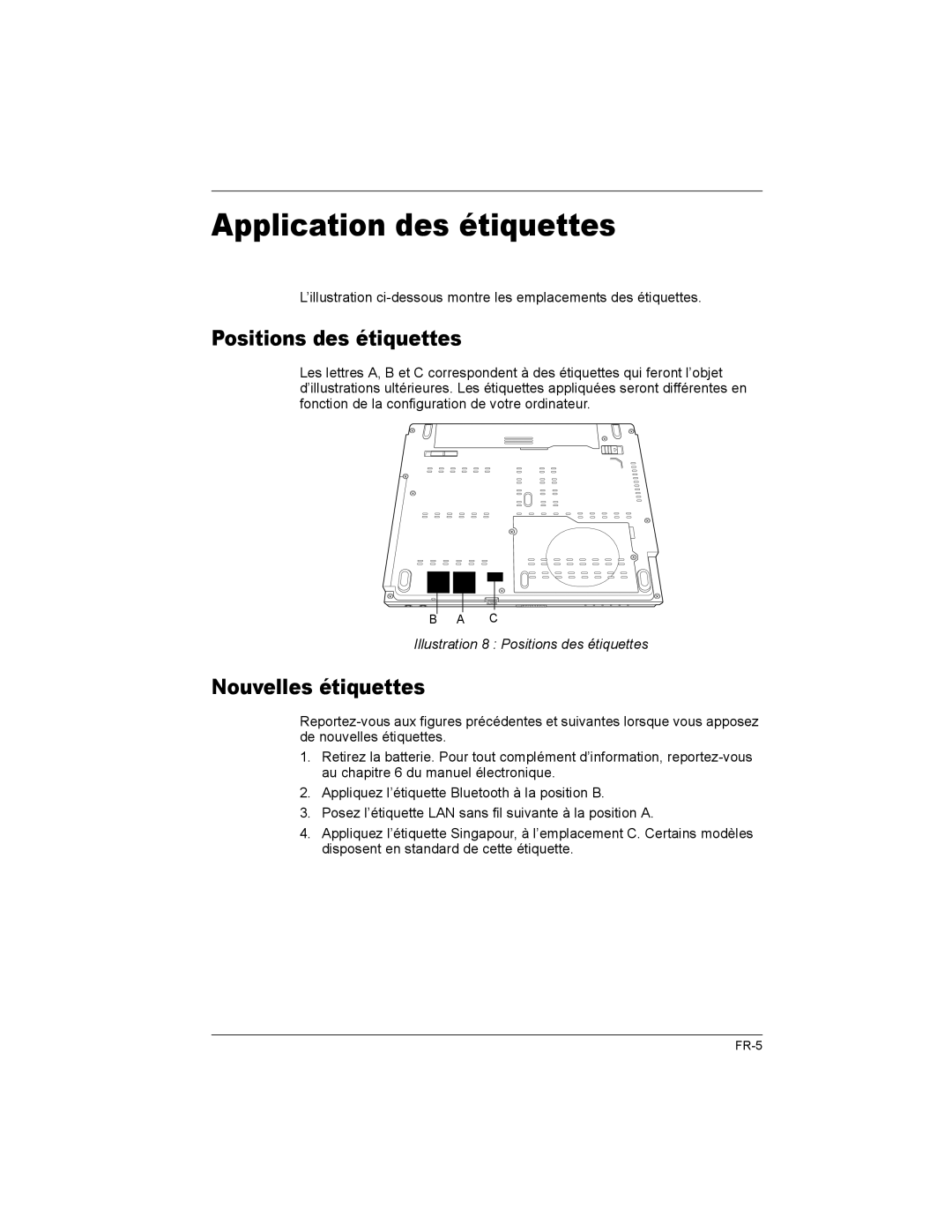 Toshiba U200/TECRA M6, PA3477U, U200/PORTG M500 Application des étiquettes, Positions des étiquettes, Nouvelles étiquettes 