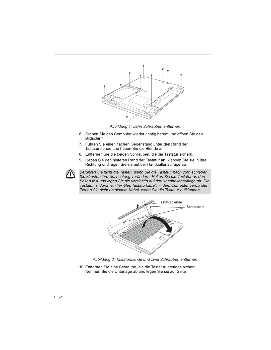 Toshiba M6-EZ6612, PA3477U Abbildung 1 Zehn Schrauben entfernen, Abbildung 2 Tastaturblende und zwei Schrauben entfernen 