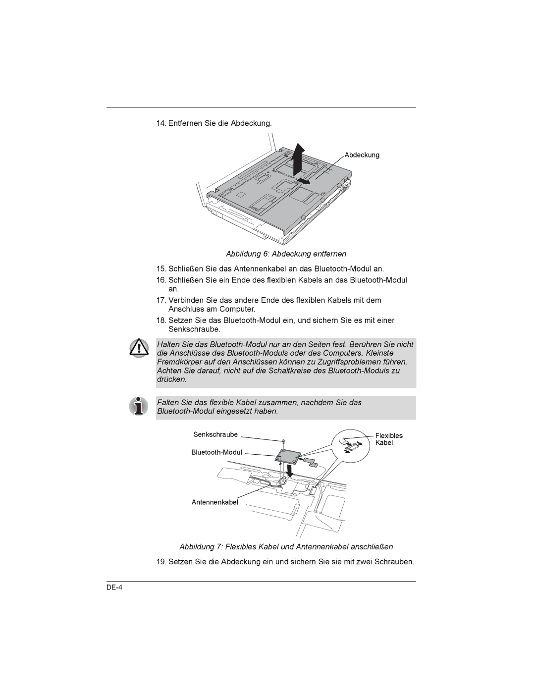 Toshiba M6-EZ6711, PA3477U manual Abbildung 6 Abdeckung entfernen, Abbildung 7 Flexibles Kabel und Antennenkabel anschließen 