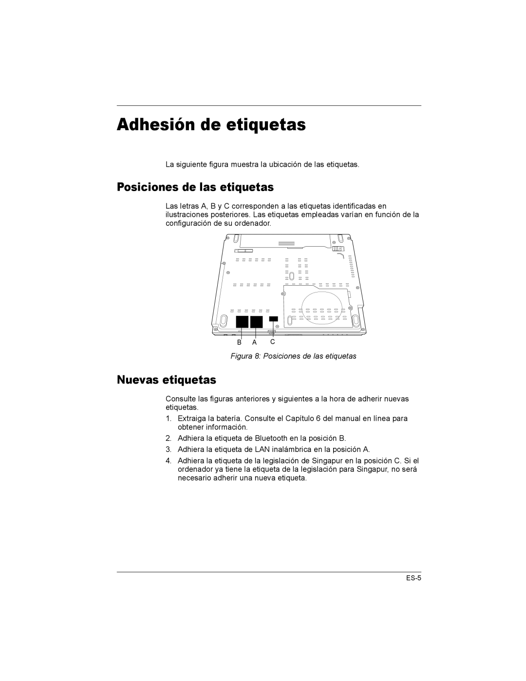 Toshiba M6-EZ6711, U200/PORTG M500, PA3477U-1B manual Adhesión de etiquetas, Posiciones de las etiquetas, Nuevas etiquetas 