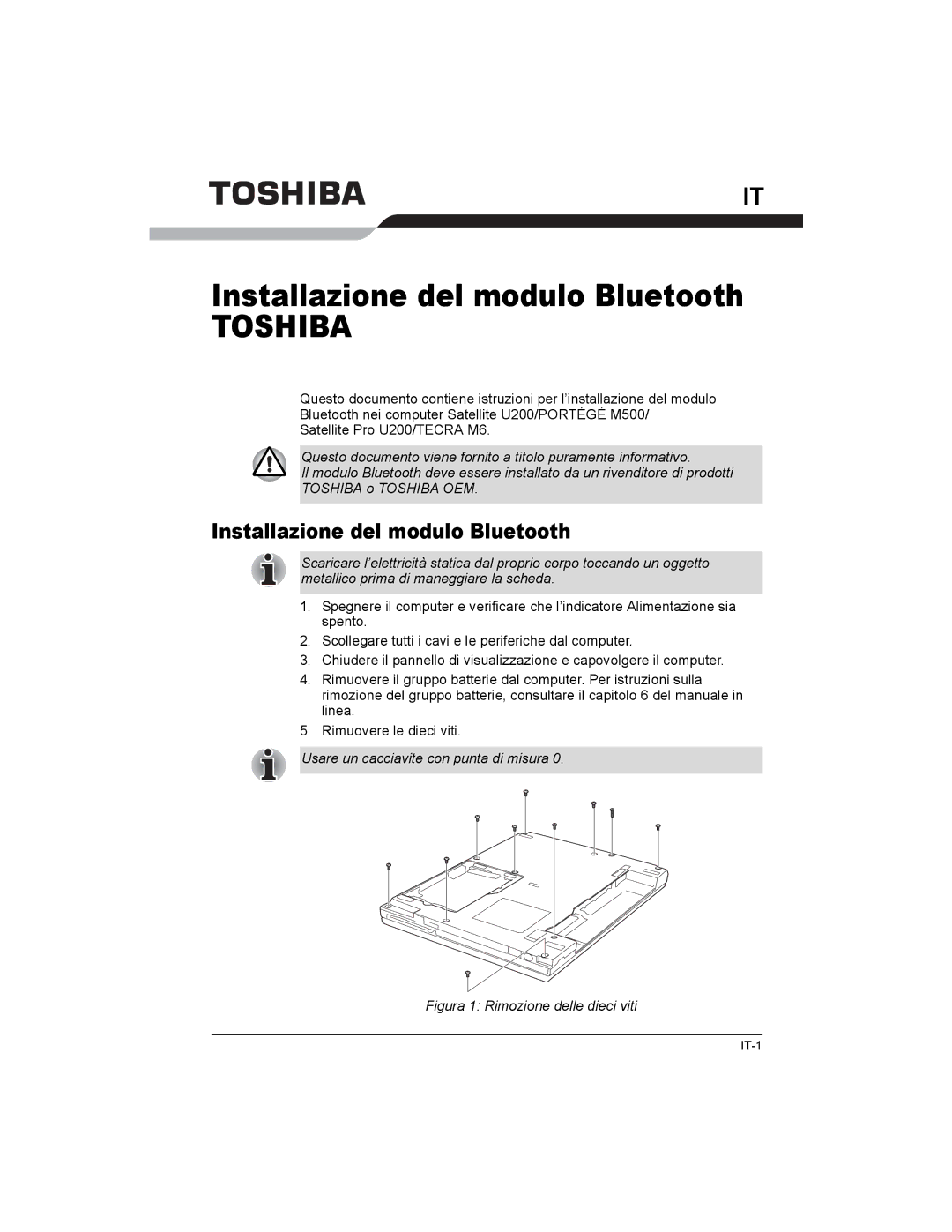 Toshiba PA3477U, U200/PORTG M500, U200/TECRA M6 Installazione del modulo Bluetooth, Usare un cacciavite con punta di misura 