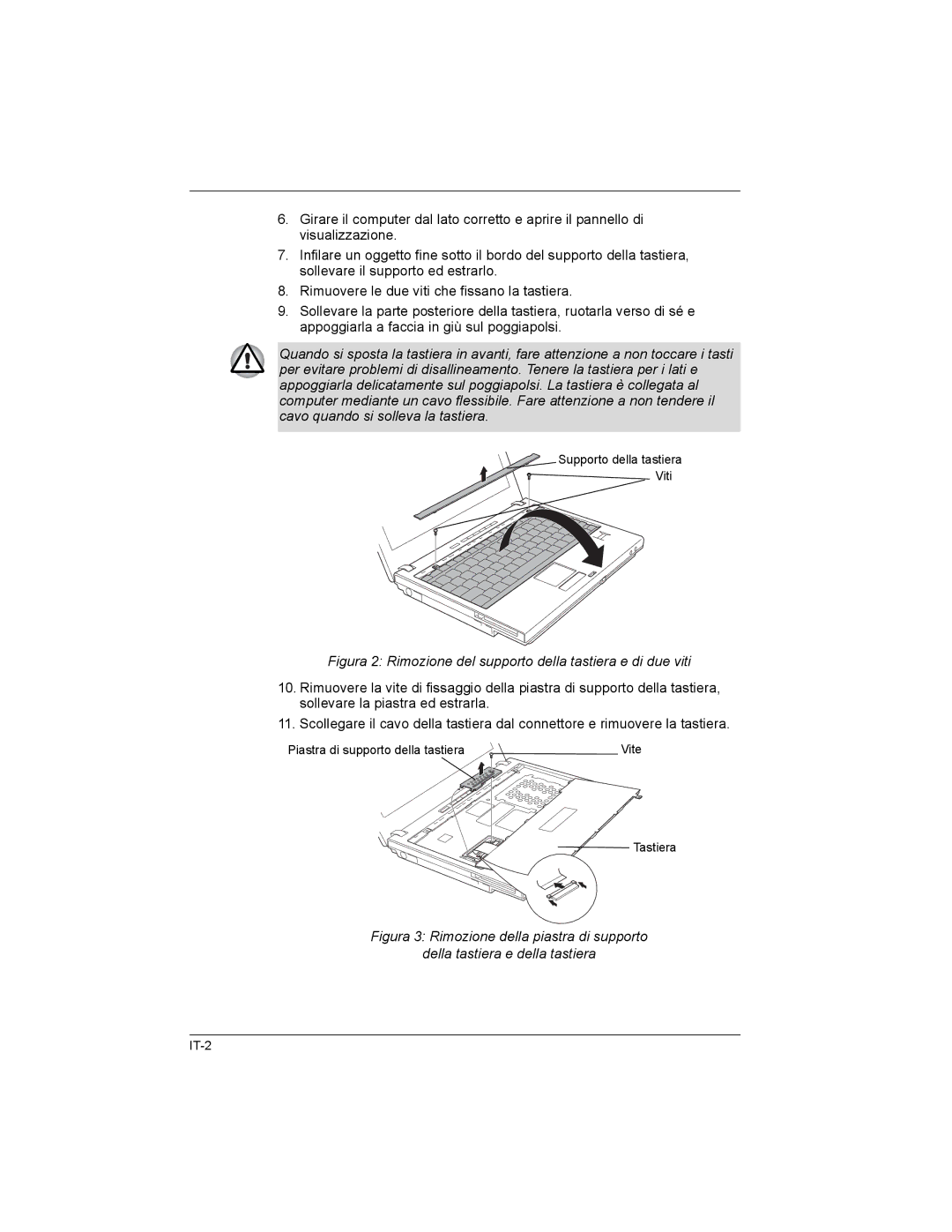 Toshiba U200/PORTG M500, U200/TECRA M6, PA3477U-1B, 061215 Figura 2 Rimozione del supporto della tastiera e di due viti 