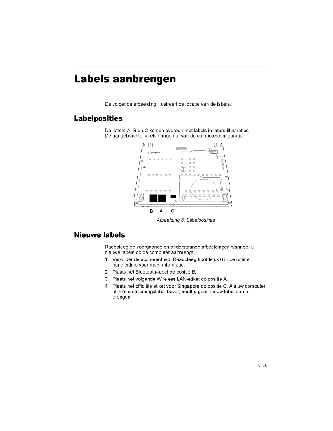 Toshiba U200/PORTG M500, U200/TECRA M6, PA3477U-1B manual Labels aanbrengen, Nieuwe labels, Afbeelding 8 Labelposities 