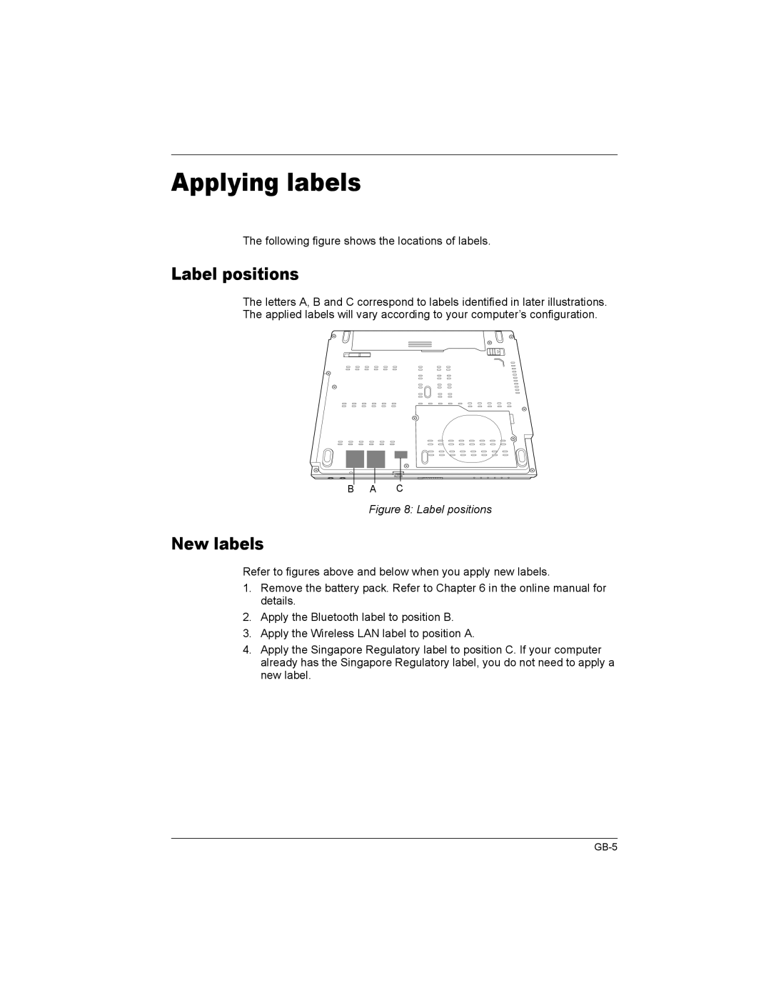 Toshiba M6-EZ6612, U200/PORTG M500, U200/TECRA M6, PA3477U-1B, M6-EZ6611 manual Applying labels, Label positions, New labels 