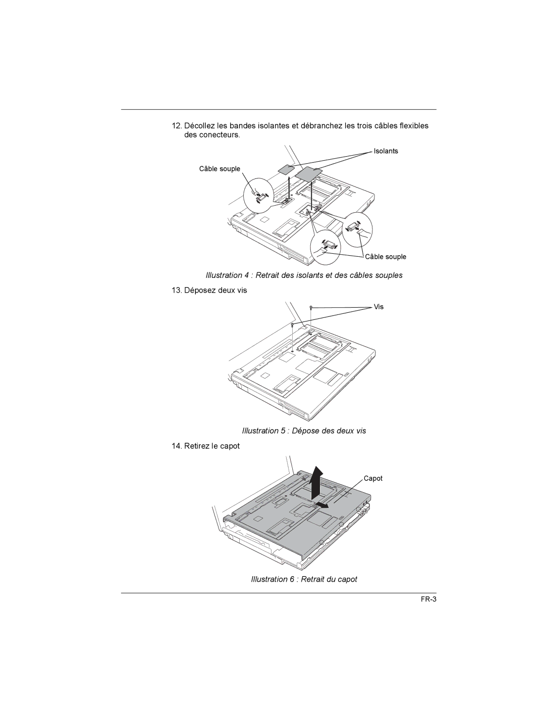 Toshiba PA3477U-1B manual Illustration 4 Retrait des isolants et des câbles souples, Illustration 5 Dépose des deux vis 