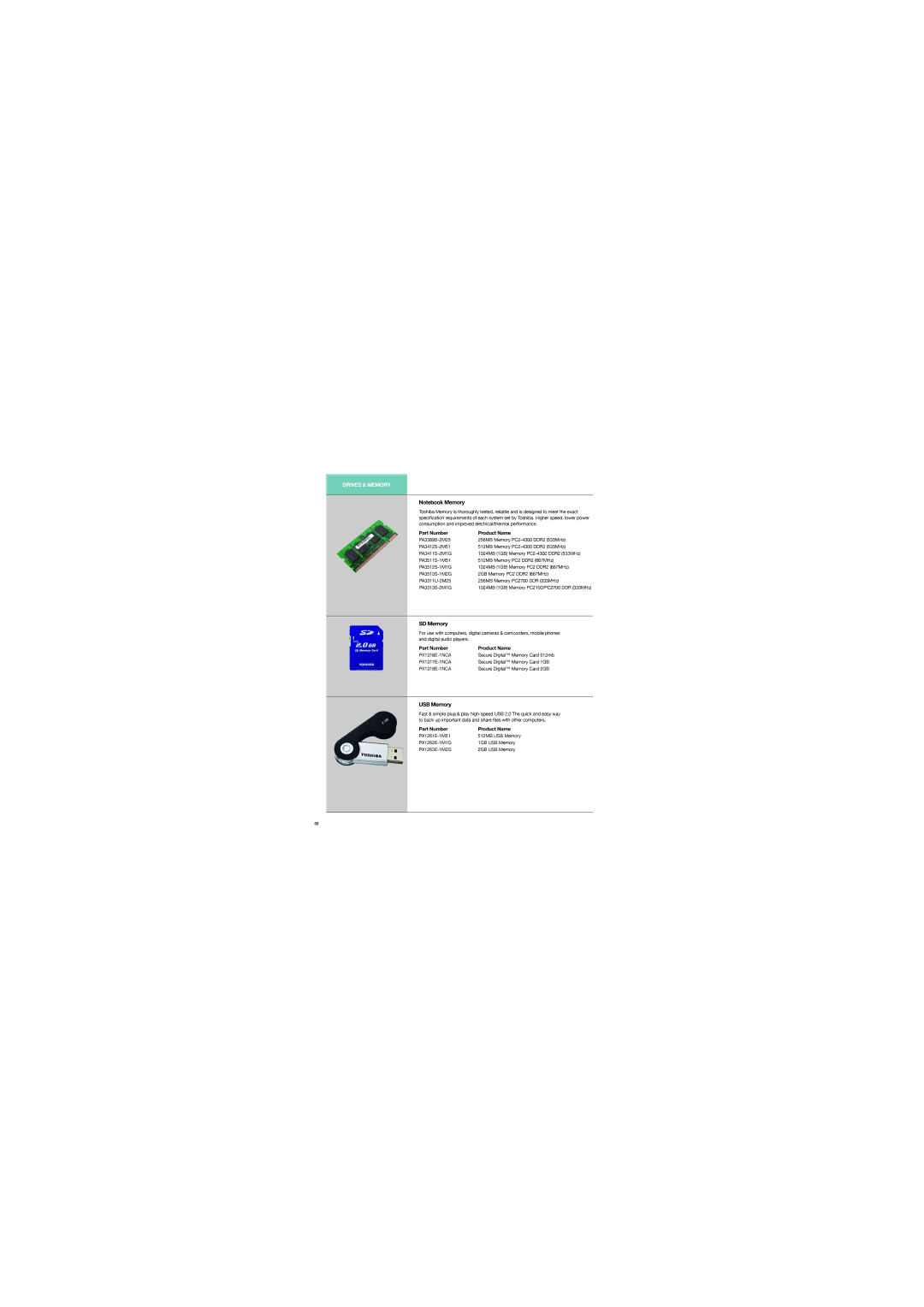 Toshiba PA3541E-2PRP manual SD Memory, USB Memory 