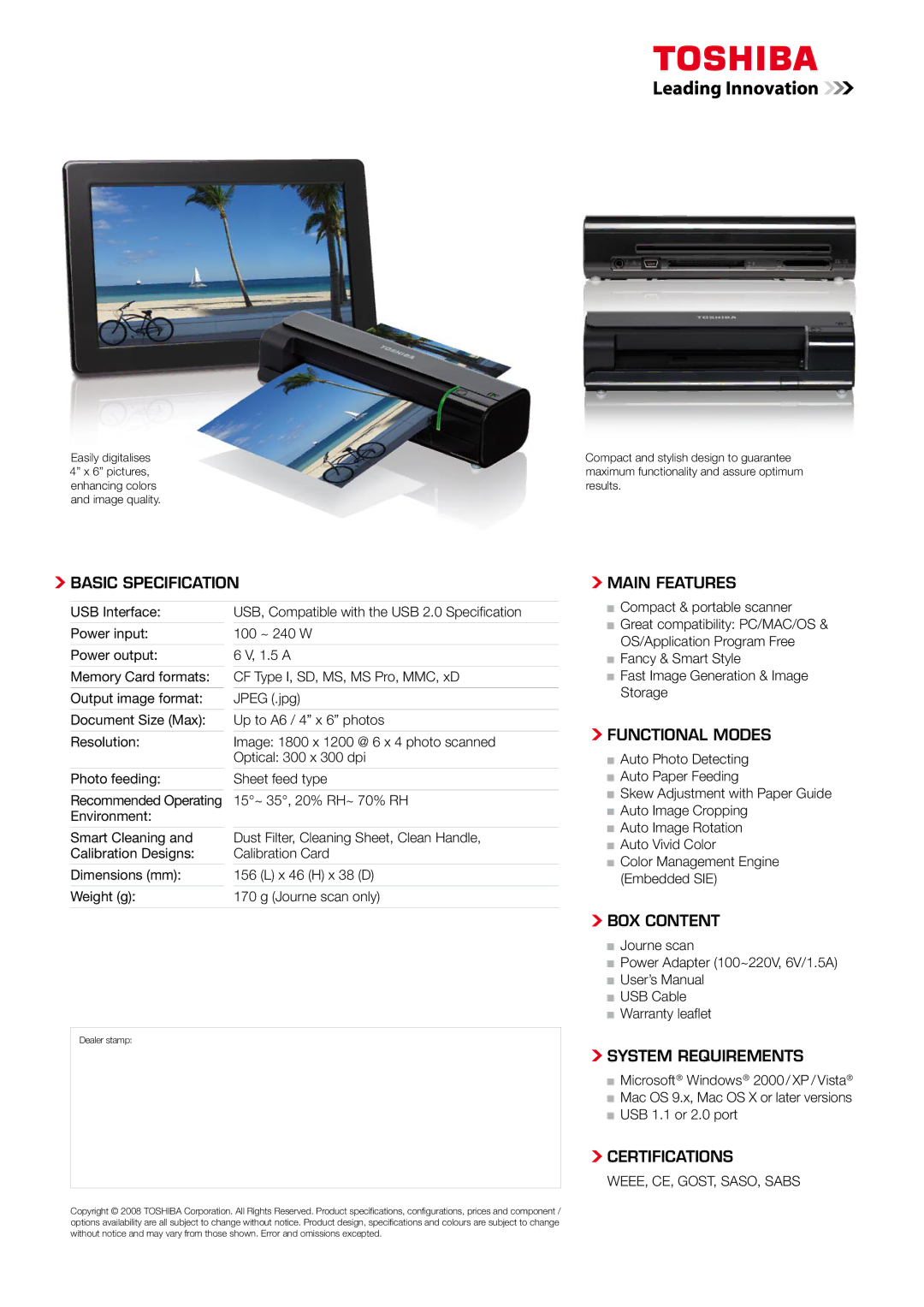 Toshiba PA3712E-1ETC, PA3712M-1ETC Basic Specification, Main Features, Functional Modes, BOX Content, System Requirements 