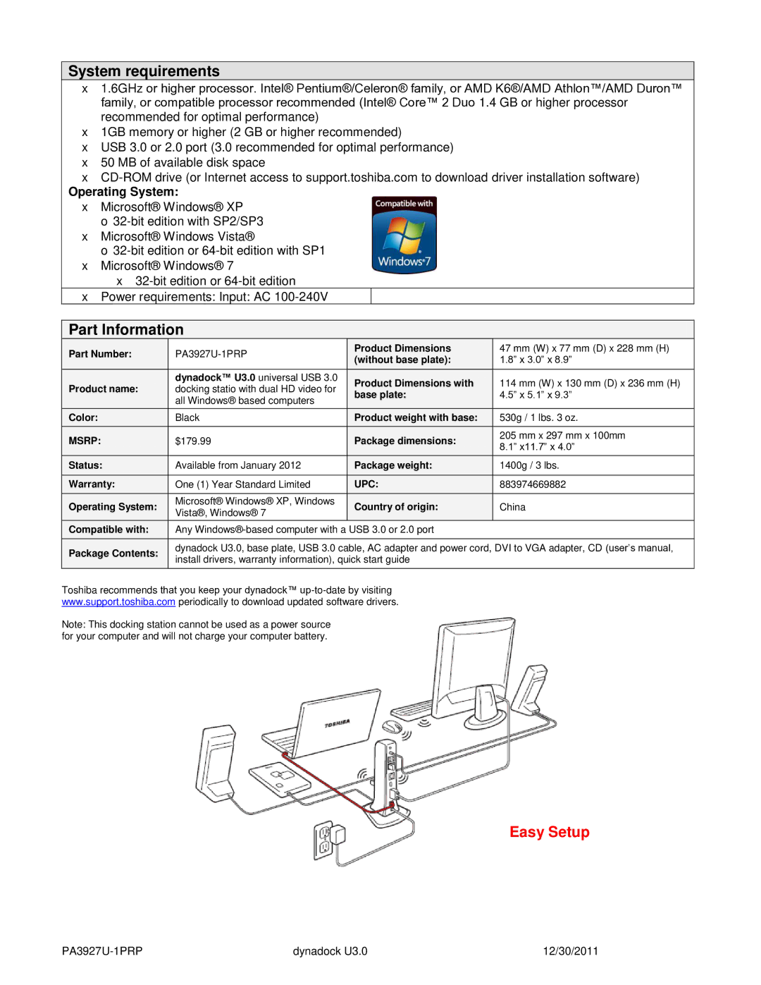 Toshiba PA5082U1PRP, PA3927U1PRP, PA3927U-1PRP manual System requirements, Part Information 