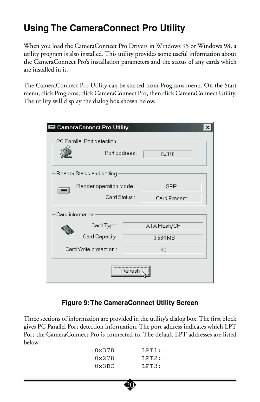 Toshiba Parallel Port Flash Card Reader user manual Using The CameraConnect Pro Utility, CameraConnect Utility Screen 