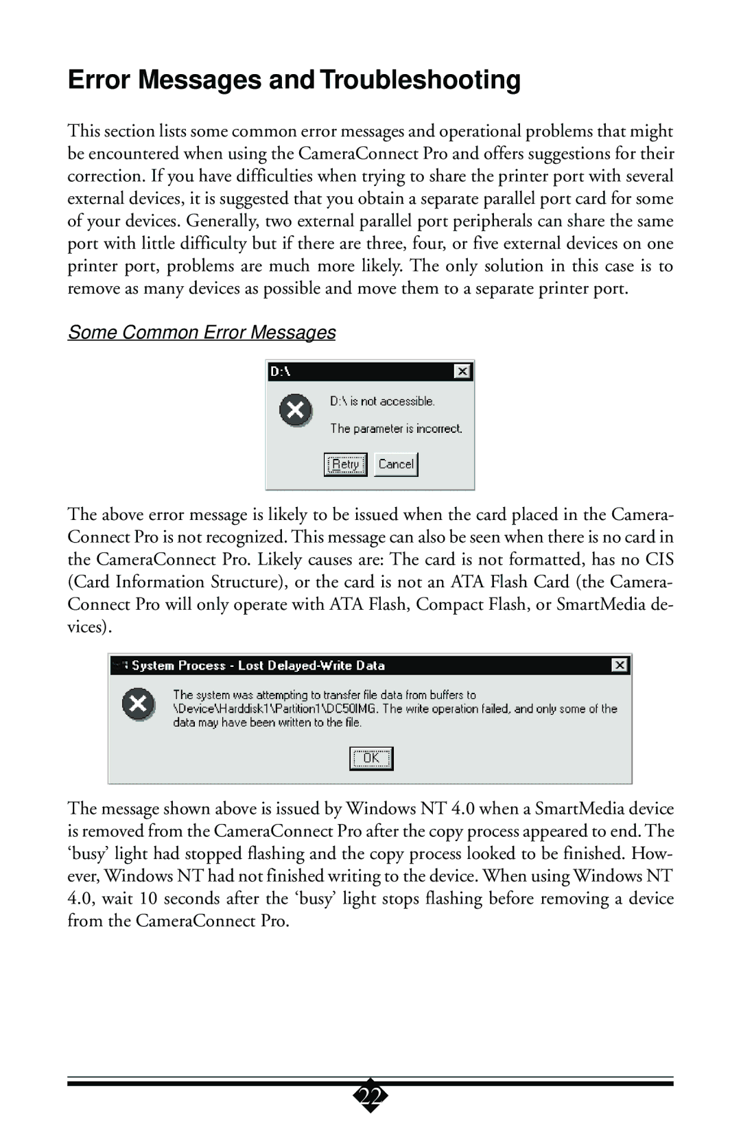 Toshiba Parallel Port Flash Card Reader user manual Error Messages and Troubleshooting, Some Common Error Messages 