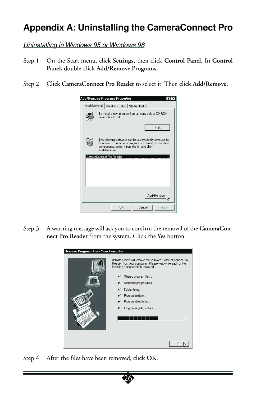 Toshiba Parallel Port Flash Card Reader user manual Appendix a Uninstalling the CameraConnect Pro 