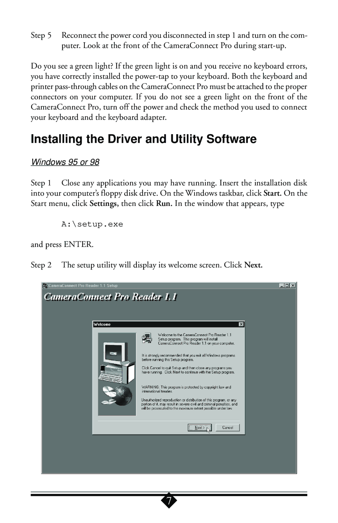 Toshiba Parallel Port Flash Card Reader user manual Installing the Driver and Utility Software, Windows 95 or 