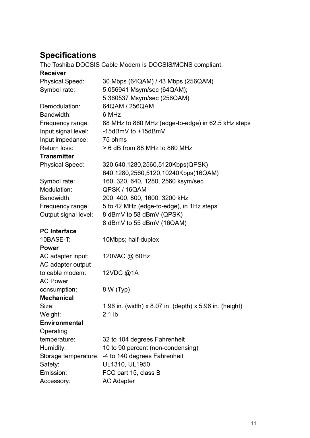 Toshiba PCX1000 owner manual Specifications 