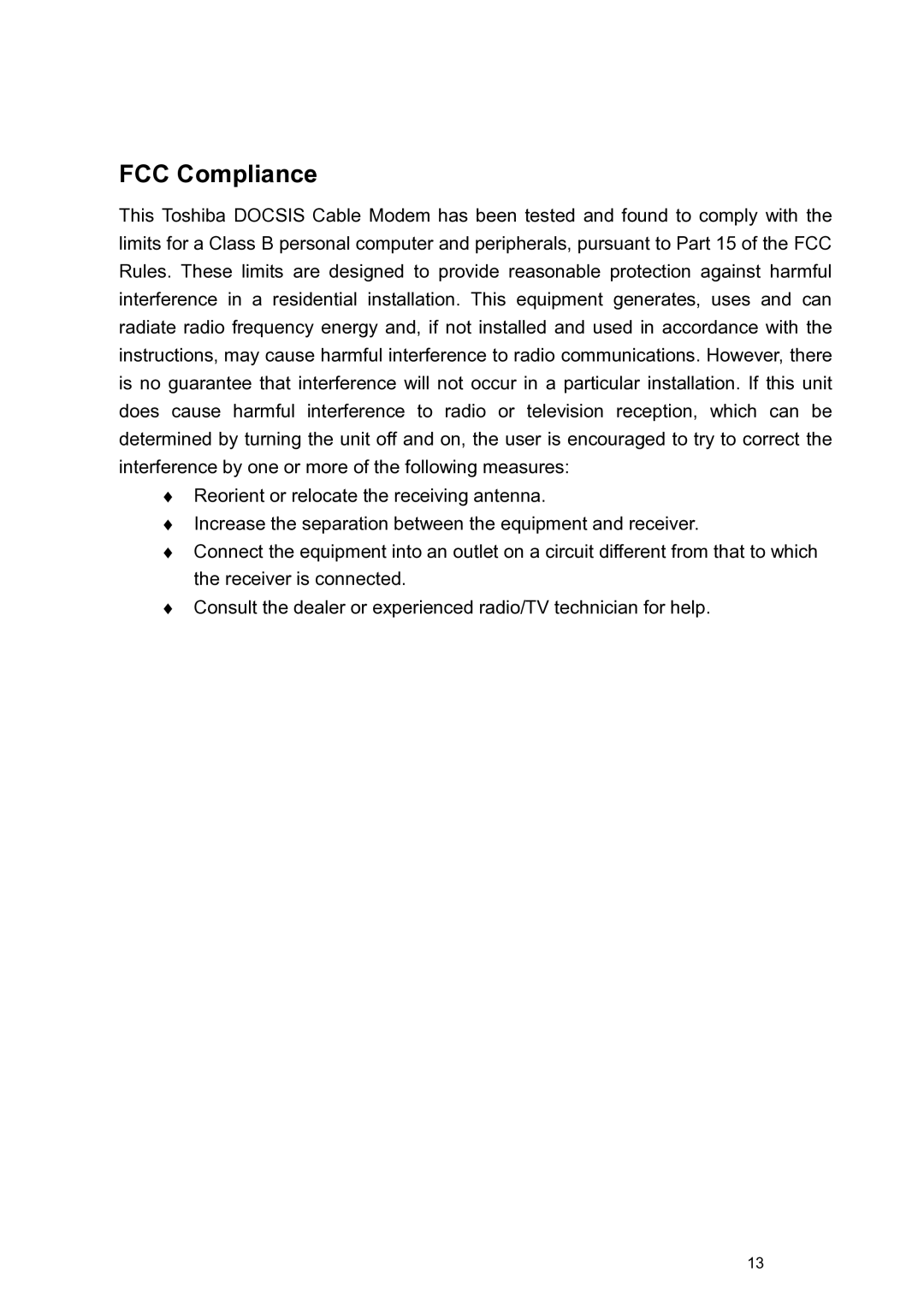 Toshiba PCX1000 owner manual FCC Compliance 