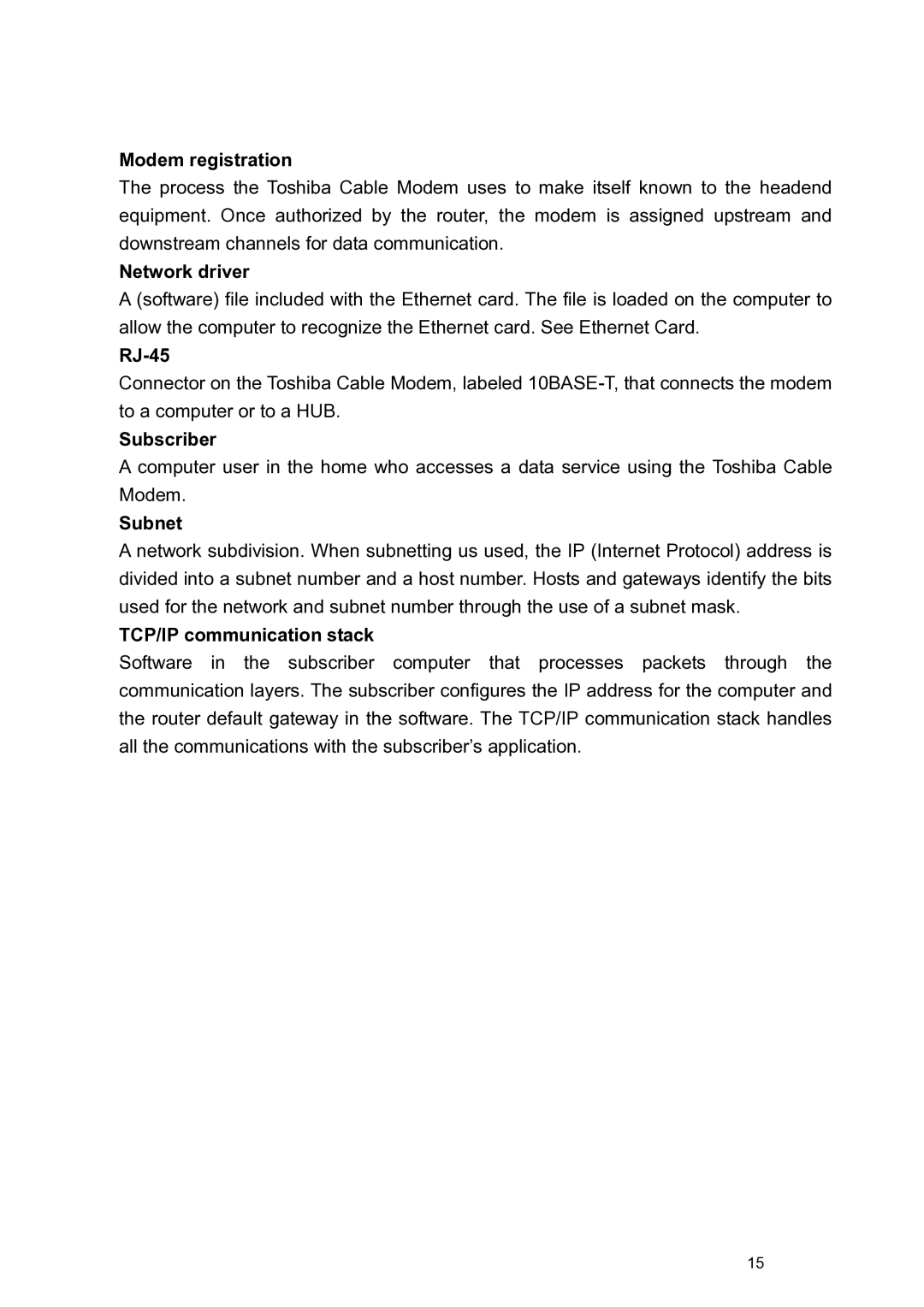 Toshiba PCX1000 owner manual Modem registration, Network driver, RJ-45, Subscriber, Subnet, TCP/IP communication stack 