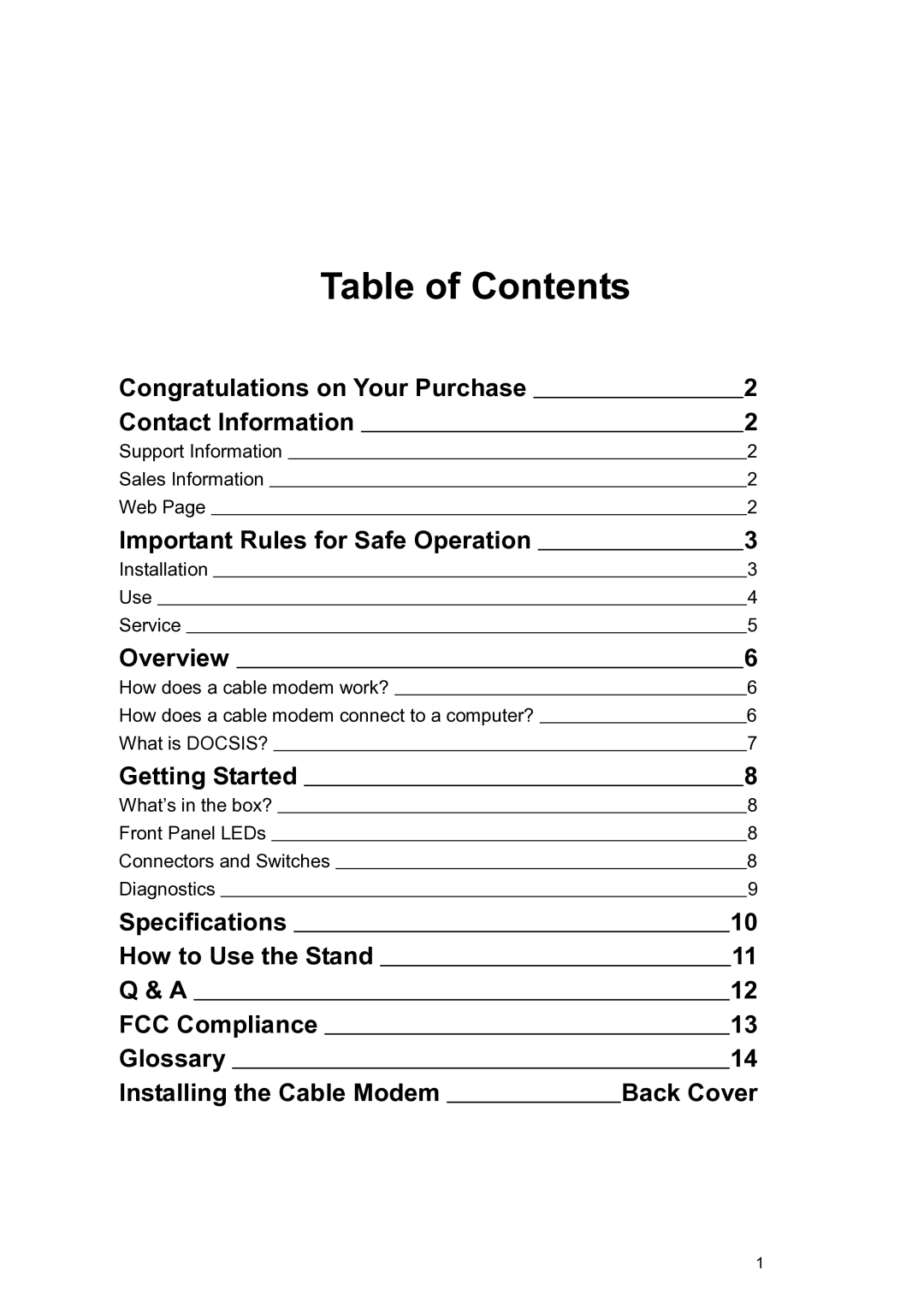 Toshiba PCX1000 owner manual Table of Contents 