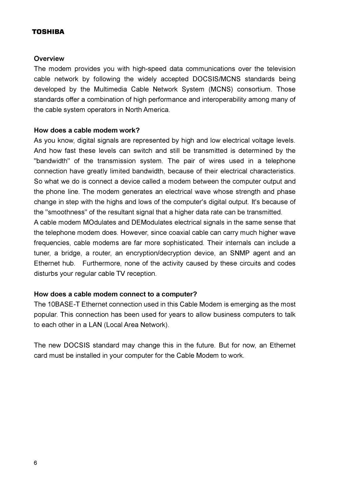 Toshiba PCX1100 owner manual Overview, How does a cable modem work?, How does a cable modem connect to a computer? 