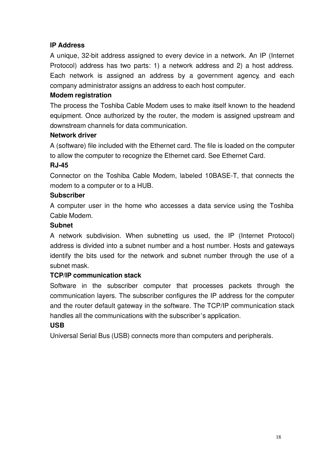 Toshiba PCX1100U IP Address, Modem registration, Network driver, RJ-45, Subscriber, Subnet, TCP/IP communication stack 