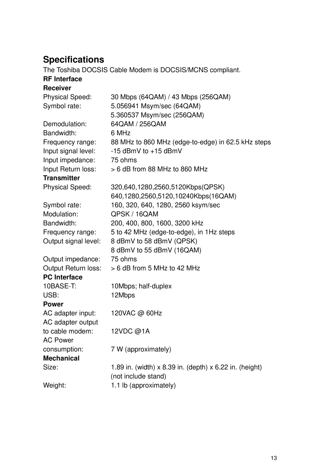 Toshiba PCX2000 owner manual RF Interface Receiver, Transmitter, PC Interface, Power, Mechanical 