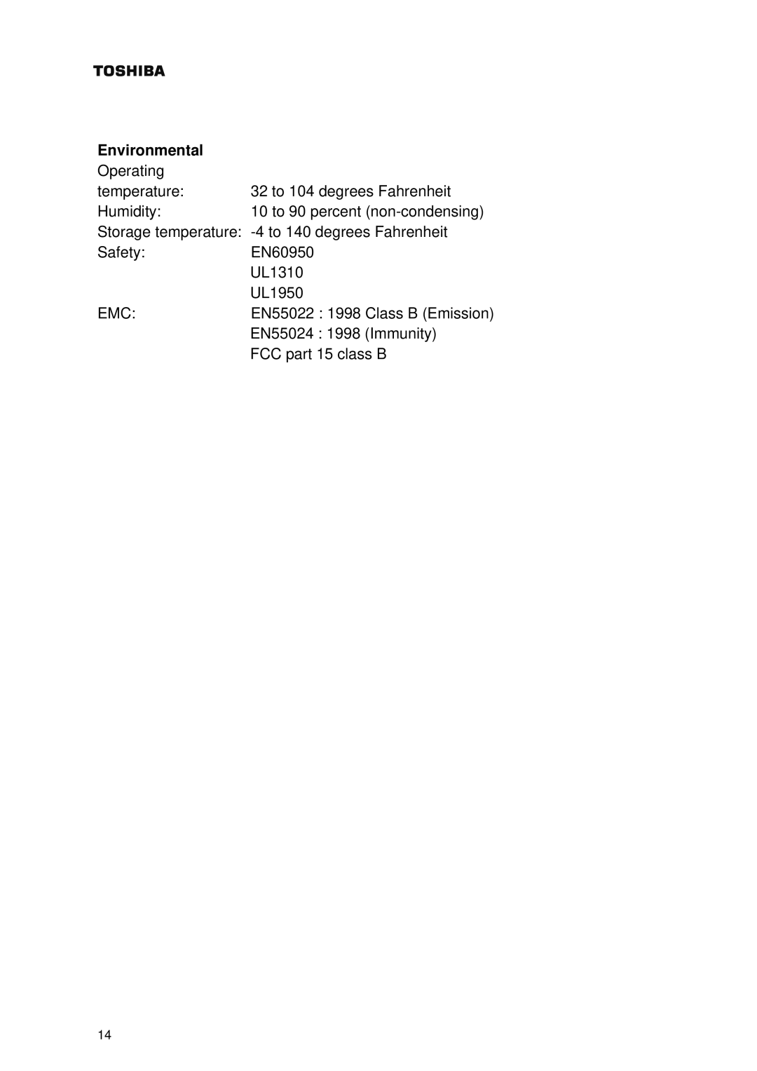 Toshiba PCX2000 owner manual Environmental 