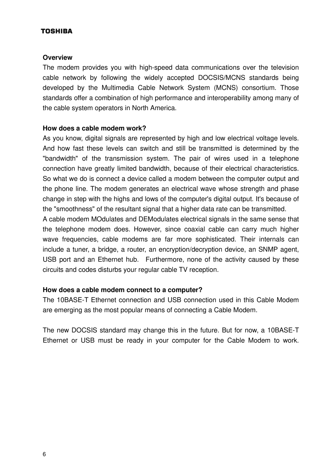 Toshiba PCX2000 owner manual Overview, How does a cable modem work?, How does a cable modem connect to a computer? 