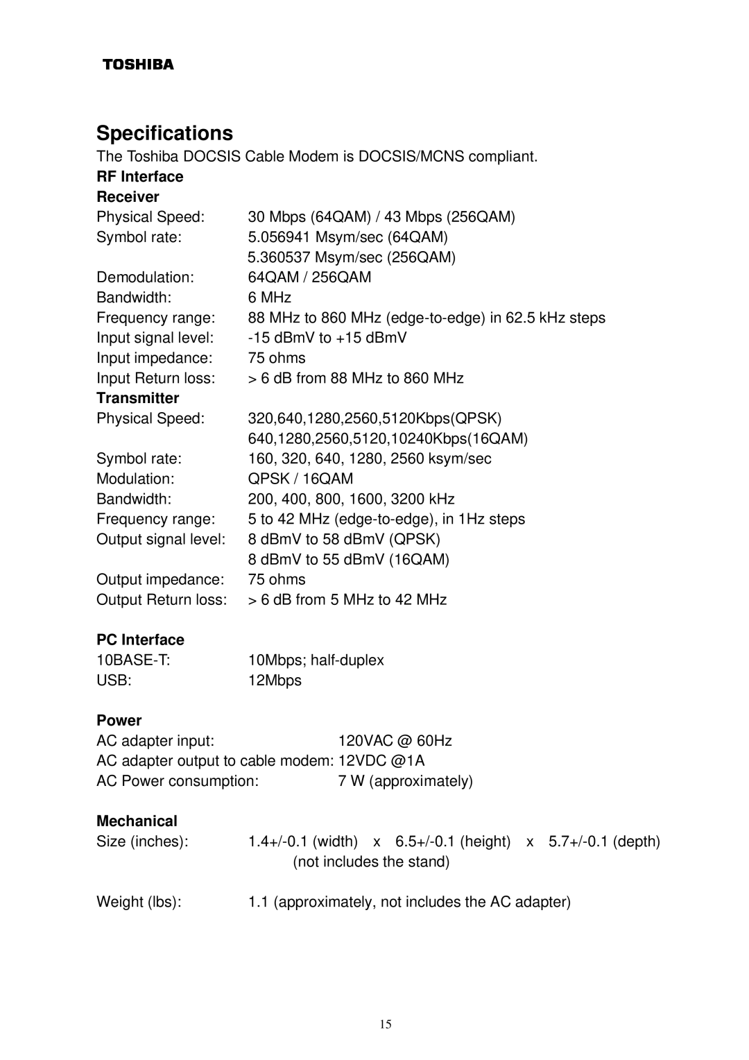 Toshiba PCX2500 owner manual RF Interface Receiver, Transmitter, PC Interface, Power, Mechanical 