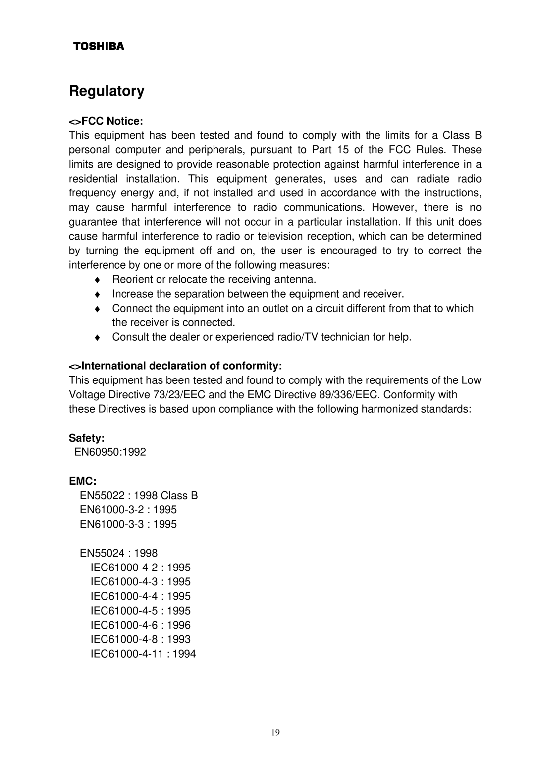 Toshiba PCX2500 owner manual FCC Notice, International declaration of conformity, Safety, Emc 