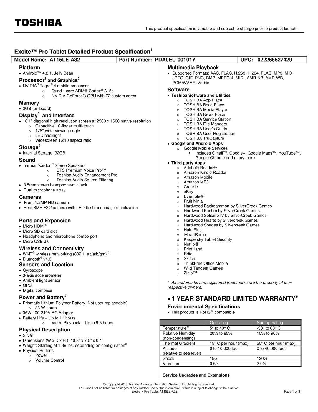 Toshiba PDA0EU00101Y specifications Excite Pro Tablet Detailed Product Specification1 