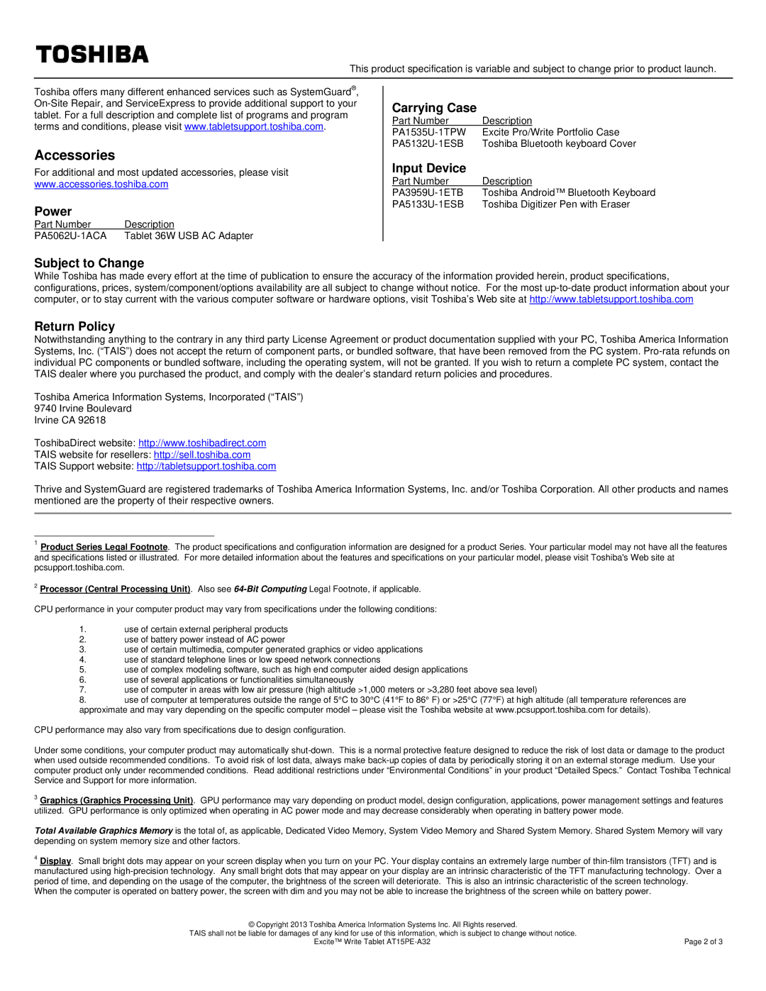 Toshiba PDA0EU00401Y specifications Power, Carrying Case, Input Device, Subject to Change Return Policy 