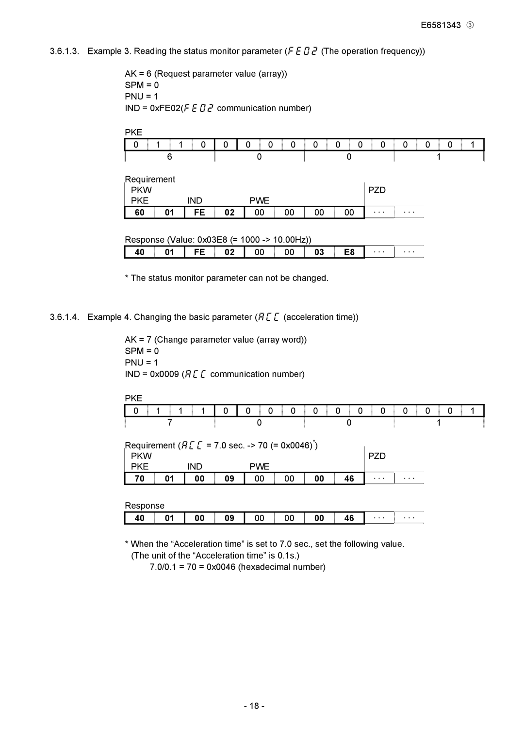 Toshiba PDP002Z manual Response Value 0x03E8 = 1000 10.00Hz, Requirement acc = 7.0 sec. 70 = 