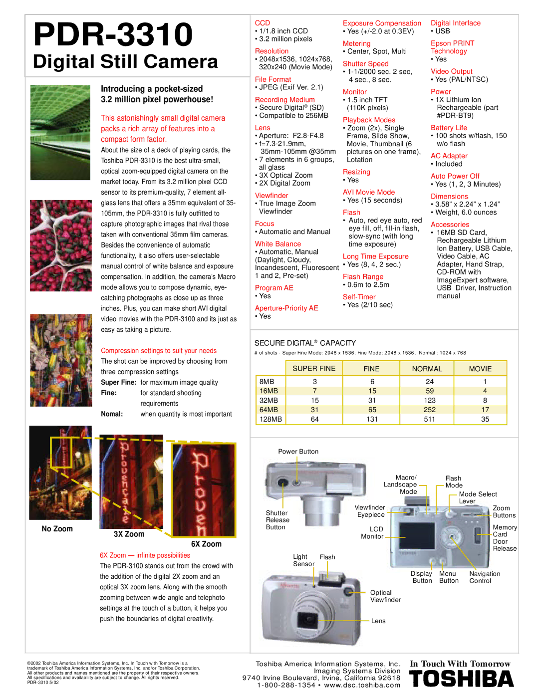 Toshiba PDR-3310 manual Introducing a pocket-sized 3.2 million pixel powerhouse, No Zoom 3X Zoom 6X Zoom, Usb, Lcd 