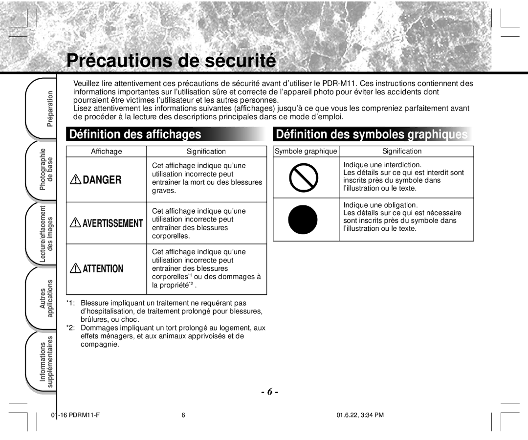 Toshiba PDR-M11 instruction manual Précautions de sécurité, Hages 