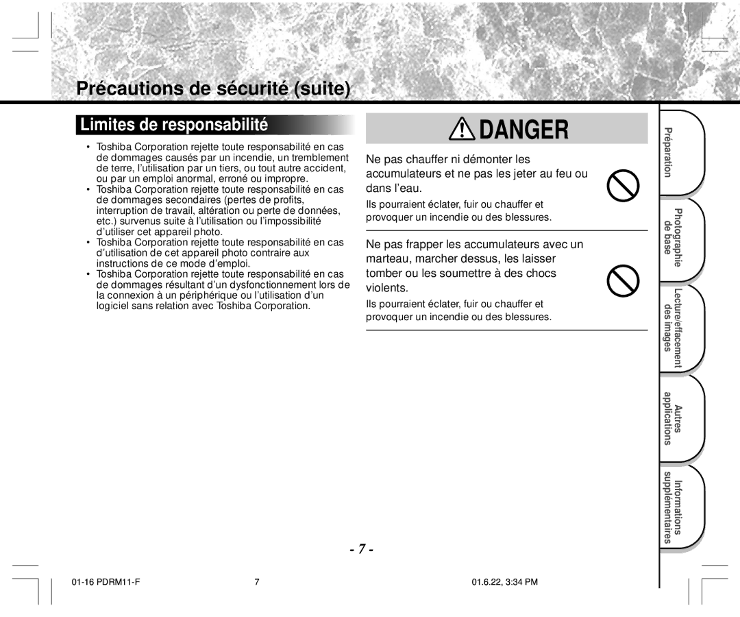 Toshiba PDR-M11 instruction manual Précautions de sécurité suite, Limites de responsabilité 