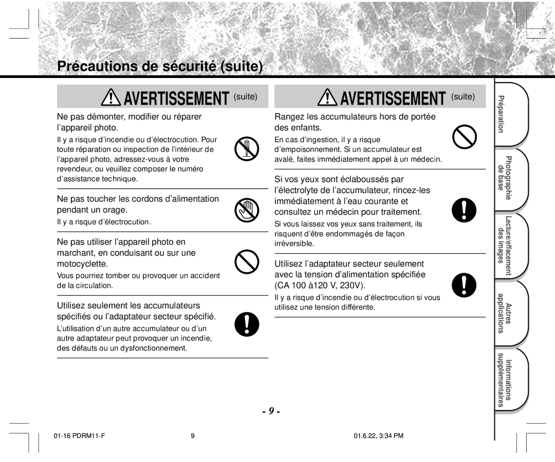 Toshiba PDR-M11 instruction manual Avertissement suite 