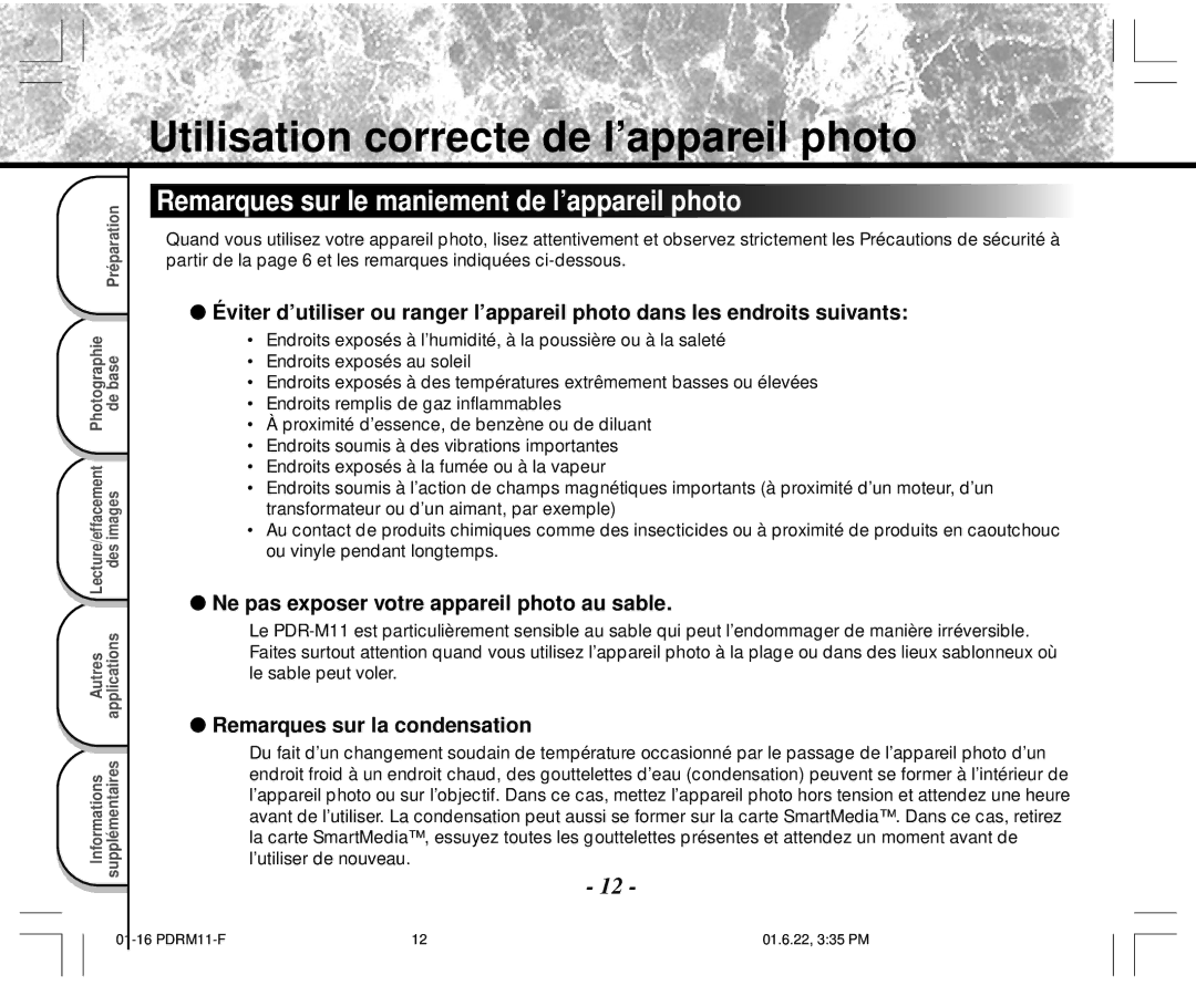 Toshiba PDR-M11 instruction manual Utilisation correcte de l’appareil photo, Remarques sur le maniement de l’appareil photo 