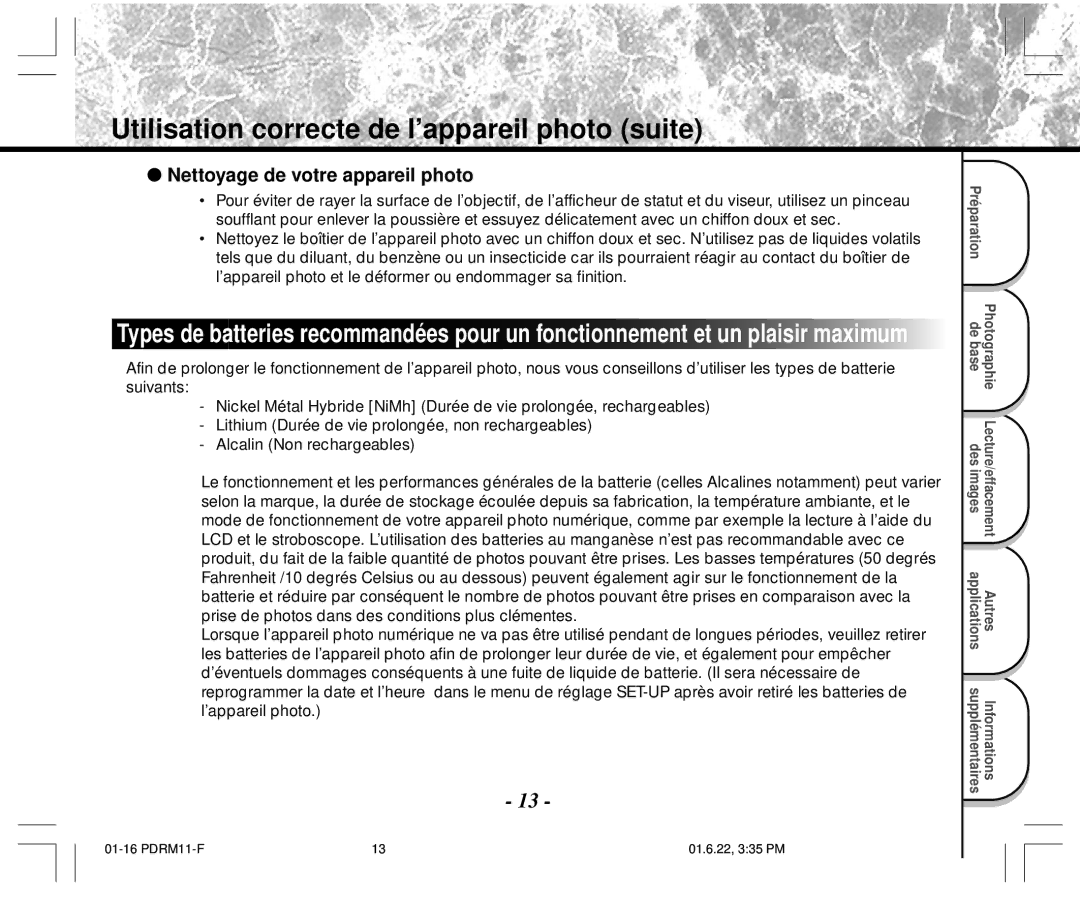 Toshiba PDR-M11 instruction manual Utilisation correcte de l’appareil photo suite, Nettoyage de votre appareil photo 