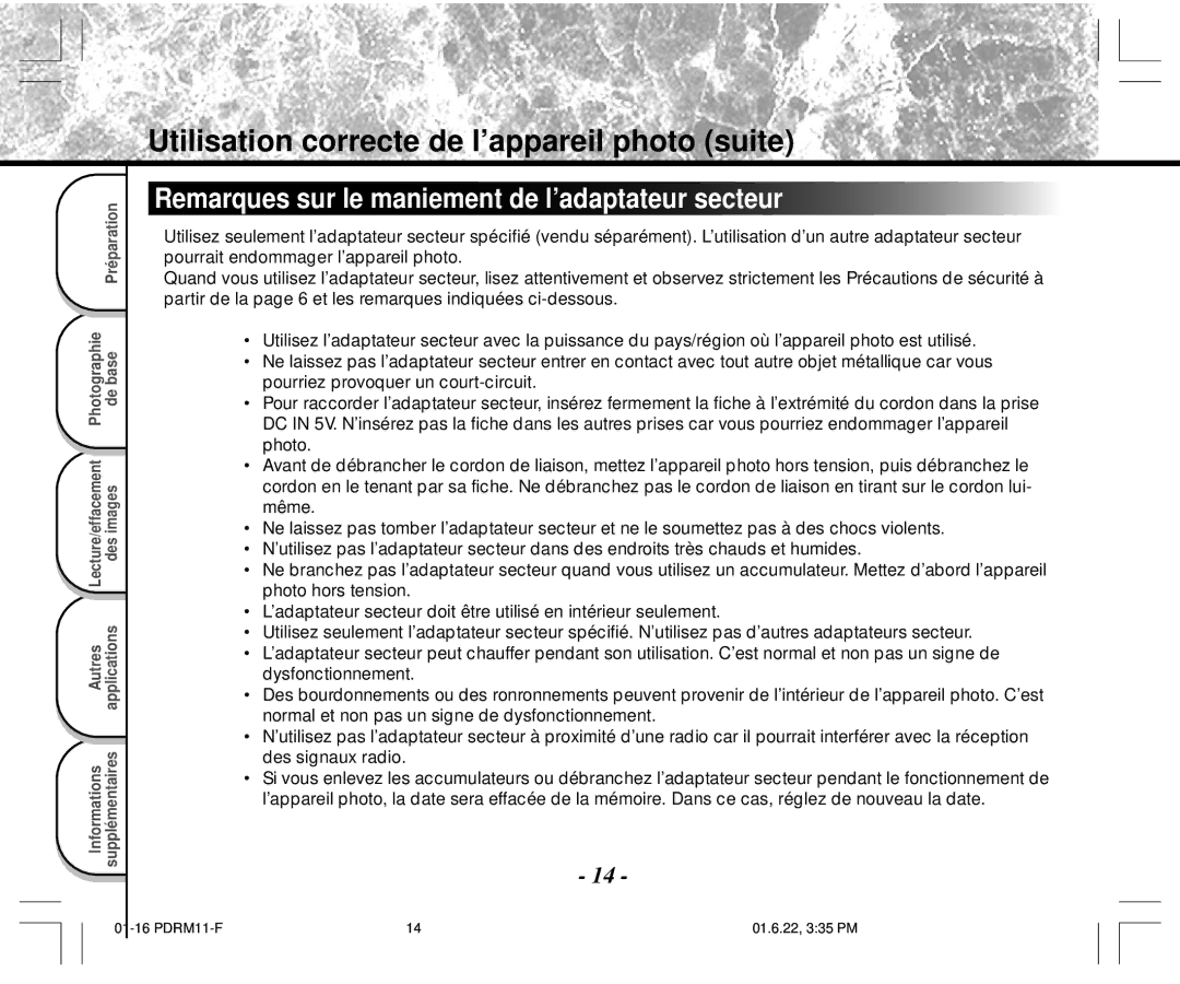 Toshiba PDR-M11 instruction manual Remarques sur le maniement de l’adaptateur secteur 