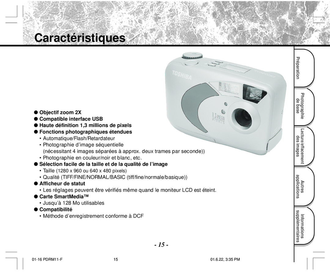 Toshiba PDR-M11 instruction manual Caractéristiques, Taille 1280 x 960 ou 640 x 480 pixels 