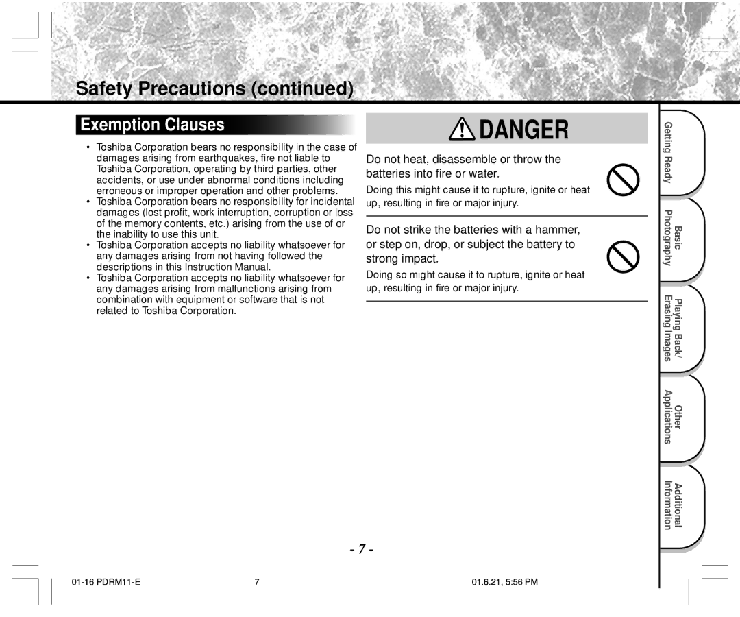 Toshiba PDR-M11 instruction manual Safety Precautions, Exemption Clauses 