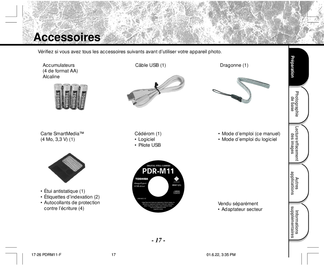 Toshiba PDR-M11 instruction manual Accessoires, De format AA Alcaline Carte SmartMedia Cédérom, Mo, 3,3 V Logiciel 