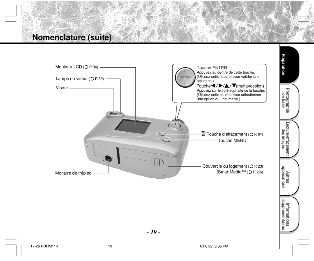 Toshiba PDR-M11 instruction manual Nomenclature suite, Touche multipression 