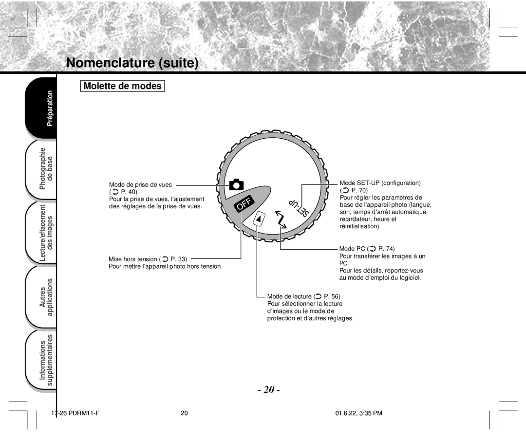 Toshiba PDR-M11 instruction manual Molette de modes, Lecture/effacement des images 